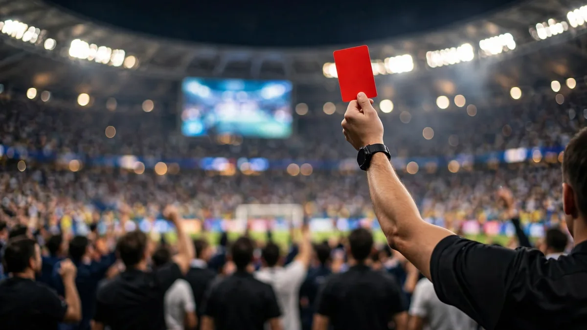 A referee's raised hand holding a red card in a packed floodlit stadium with a glowing video-review screen behind the crowd, editorial graphic