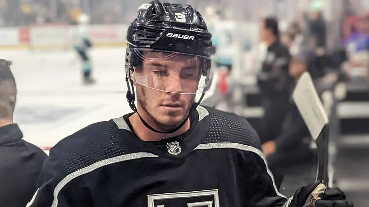 File photo from 13 October 2022: Matt Roy, then with the Los Angeles Kings, walking off the ice after a warmup against Seattle. It was not taken at the Flyers game and does not show the penalties.