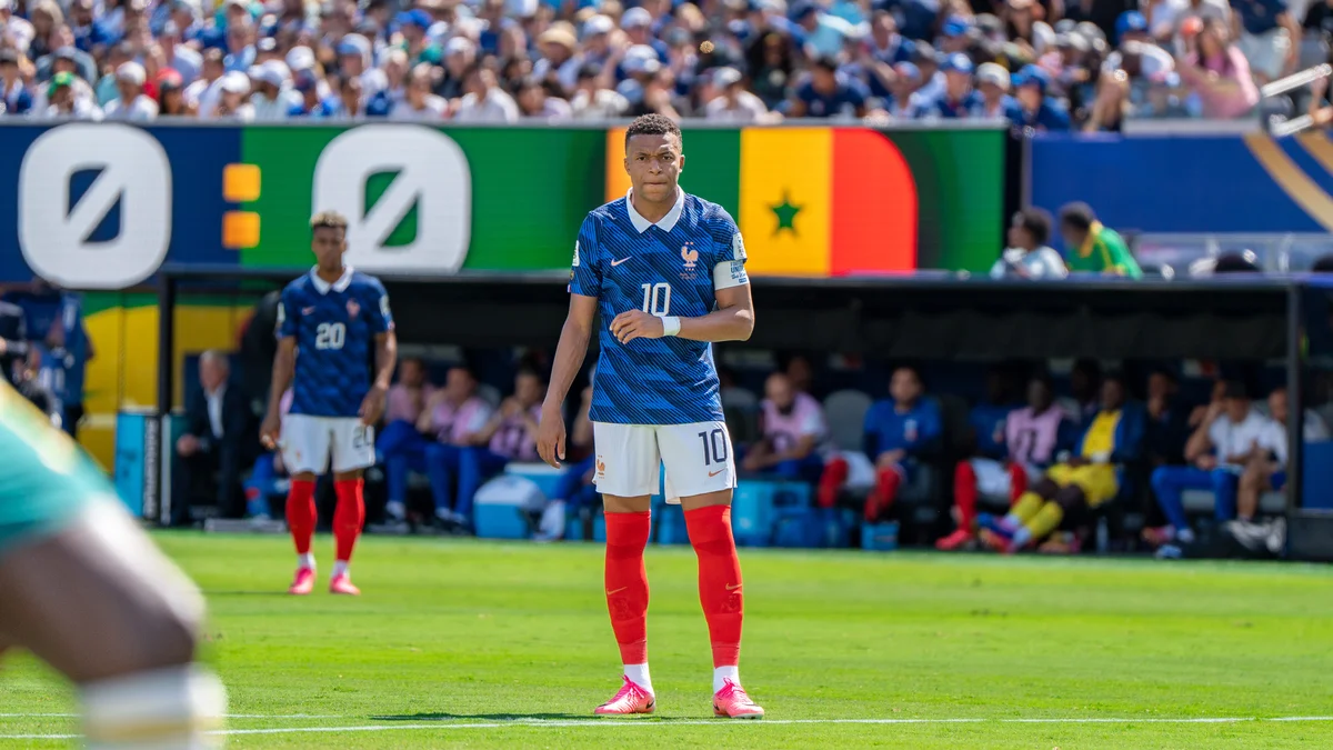 File photo from 16 June 2026: Kylian Mbappe in a France shirt during the World Cup match against Senegal at NY/NJ Stadium. It was not taken in China and does not show the meme clip or the sponsor announcements.