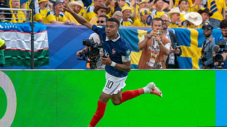 File photo from 30 June 2026: Kylian Mbappe playing for France against Sweden at the 2026 World Cup. It does not show Sunday's Real Madrid game against Sevilla, and he is pictured in a France shirt, not a Madrid shirt. The 16:9 cropped derivative is offered under the same CC BY-SA 4.0 licence.