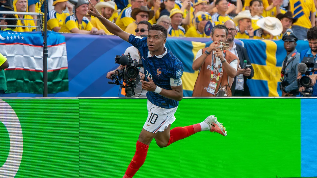 File photo from 30 June 2026: Kylian Mbappe playing for France against Sweden at the 2026 World Cup. It does not show Sunday's Real Madrid game against Sevilla, and he is pictured in a France shirt, not a Madrid shirt. The 16:9 cropped derivative is offered under the same CC BY-SA 4.0 licence.