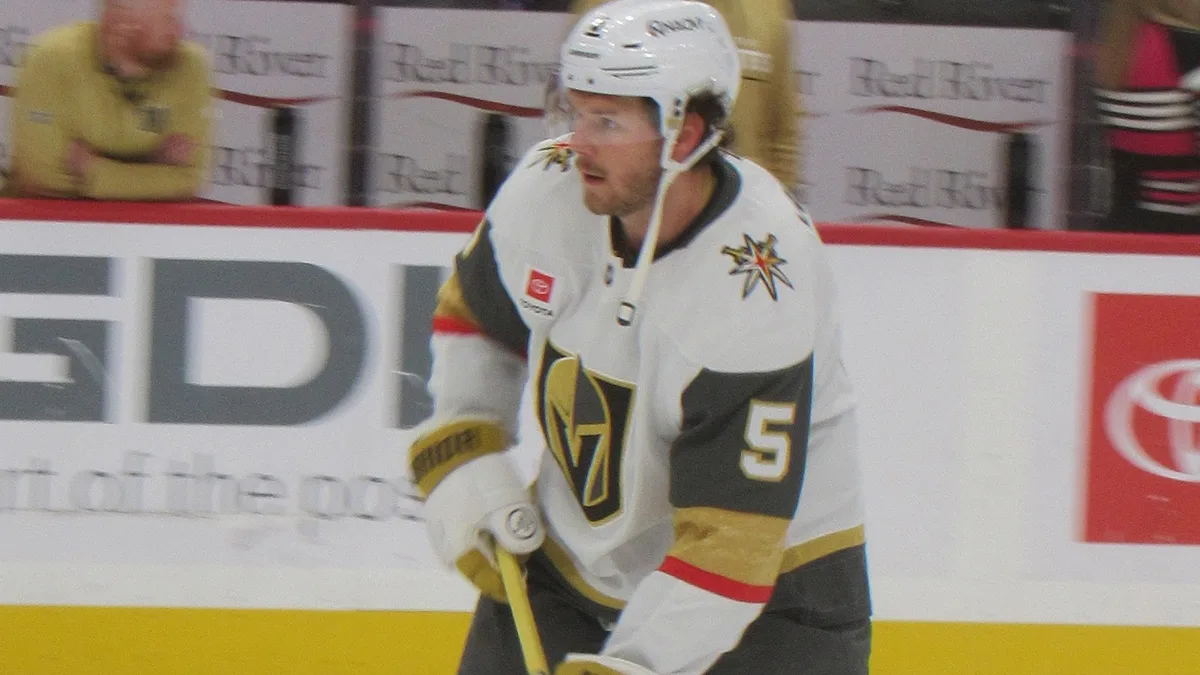 File photo from February 2026: Vegas Golden Knights defenceman Jeremy Lauzon in warmups before a game against the Washington Capitals. It does not show the Minnesota game. The cropped derivative is offered under the same CC BY-SA 4.0 licence.