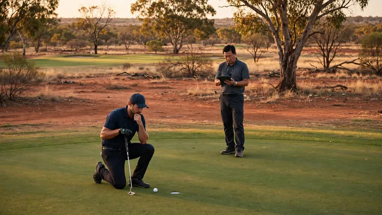 A generic professional golfer kneeling beside a ball marker on a green in the Australian outback, putter in hand and looking uncertain, while a tournament official reviews a tablet nearby, editorial graphic
