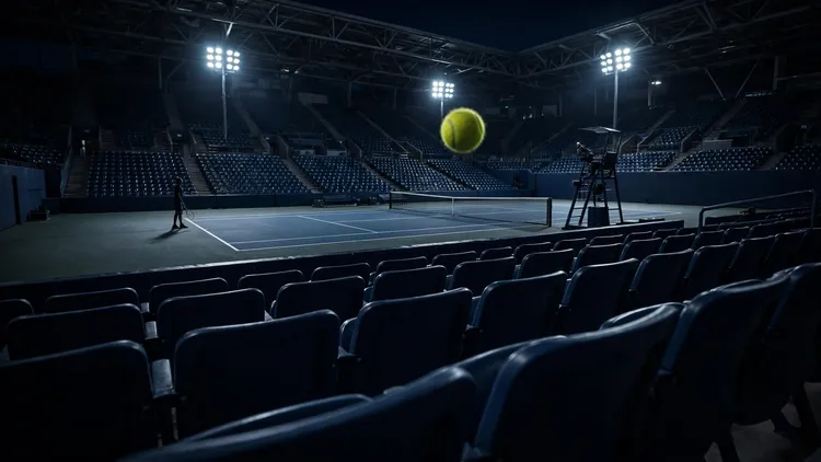 A tennis ball frozen in mid-air above the front-row seats of a floodlit hard-court stadium at night, with a lone player at the far baseline and the umpire chair in the background, editorial graphic
