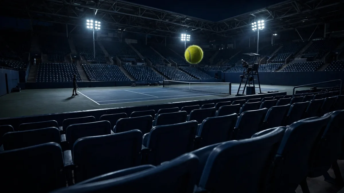 A tennis ball frozen in mid-air above the front-row seats of a floodlit hard-court stadium at night, with a lone player at the far baseline and the umpire chair in the background, editorial graphic