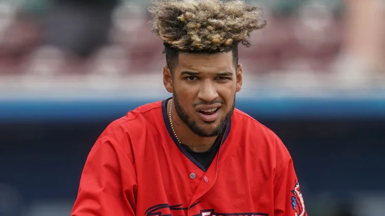 File photo from May 2024: Victor Mesa Jr. in a Jacksonville Jumbo Shrimp uniform. It was not taken at World Series Game 1 in Milwaukee. Licensed under CC BY 2.0.
