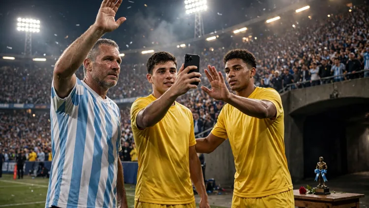 A generic veteran footballer in a plain striped jersey waving to a stadium crowd while an opposing player holds up a phone for a selfie beside him, editorial graphic