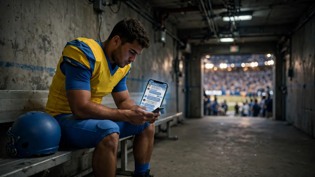A generic college football player in a plain yellow-and-blue uniform sitting in a stadium tunnel looking at a phone showing a blurred group chat, editorial graphic