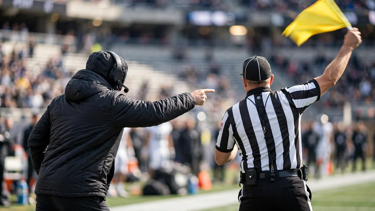 An anonymous American football head coach in a headset pointing angrily while a referee in a striped shirt raises a yellow penalty flag beside him, editorial graphic
