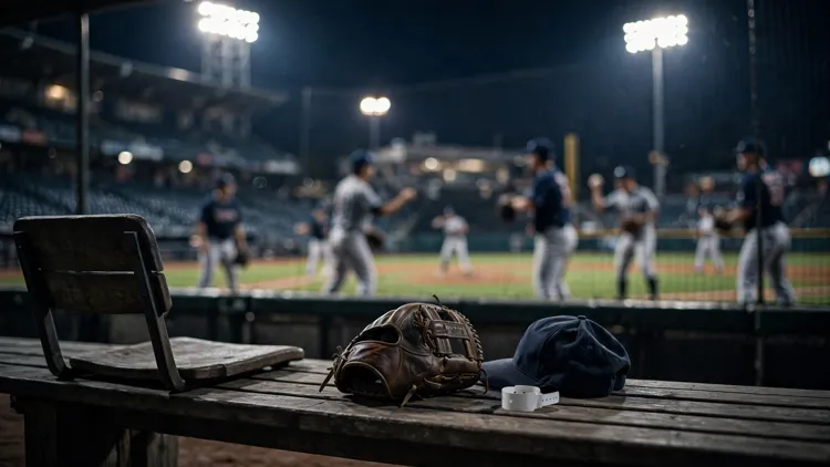 An empty closer's seat in a nighttime stadium bullpen with a lone glove, cap and white hospital wristband left on the bench while generic pitchers warm up blurred behind, editorial graphic