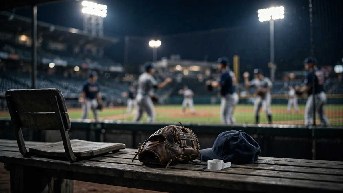An empty closer's seat in a nighttime stadium bullpen with a lone glove, cap and white hospital wristband left on the bench while generic pitchers warm up blurred behind, editorial graphic