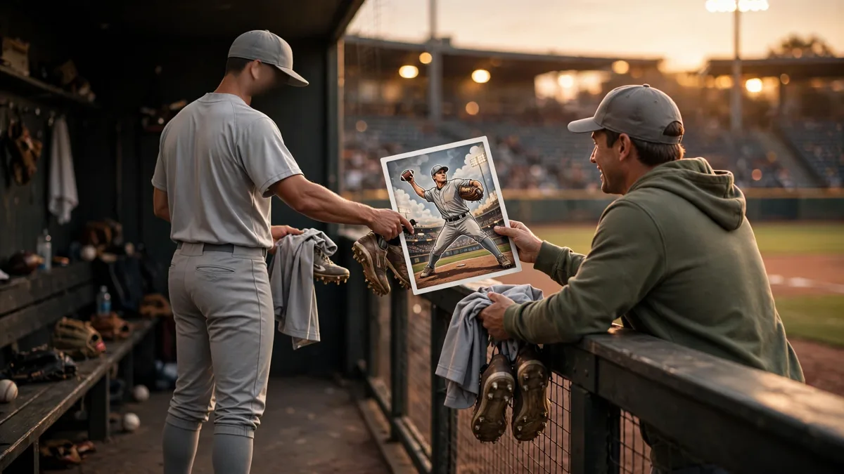A generic tall baseball pitcher in a plain unbranded uniform handing a signed jersey and cleats to a generic fan at a dugout railing in exchange for an oversized trading card showing a pitcher throwing an American football, editorial graphic