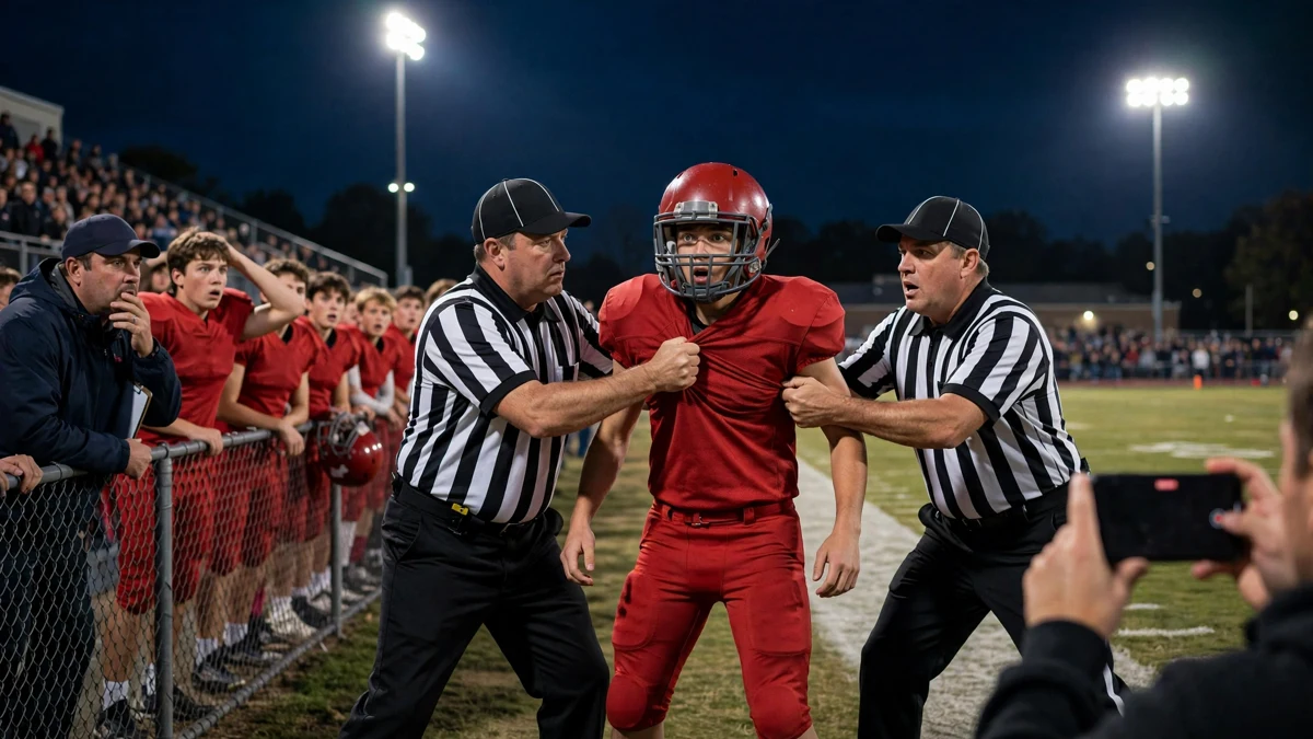 A referee in a plain striped shirt gripping the jersey of a generic high school football player in a plain red uniform under floodlights while a second official moves in and spectators film on phones, editorial graphic