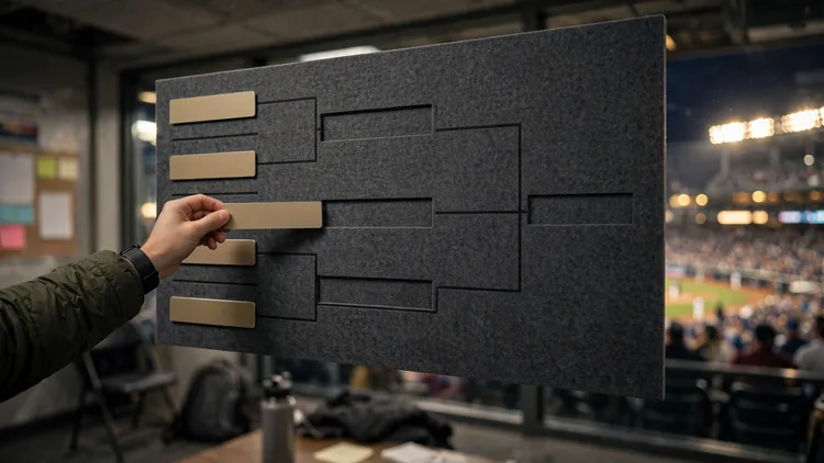 A hand moving a blank generic team nameplate between slots on a large baseball playoff bracket board in a stadium media room, editorial graphic