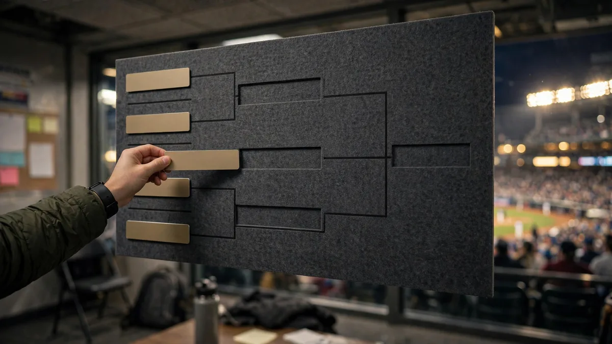 A hand moving a blank generic team nameplate between slots on a large baseball playoff bracket board in a stadium media room, editorial graphic
