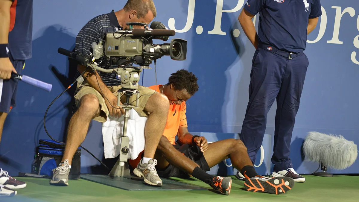 File photo from 29 August 2013: Gael Monfils playing at the US Open. It does not show his final match in 2026. Cropped 16:9 derivative offered under the same CC BY 2.0 licence as the original.