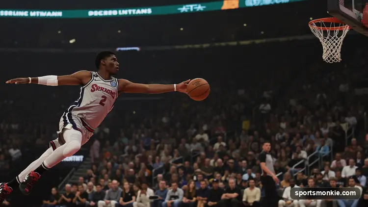 NBA point guard delivering a no-look pass through defenders on a lit court