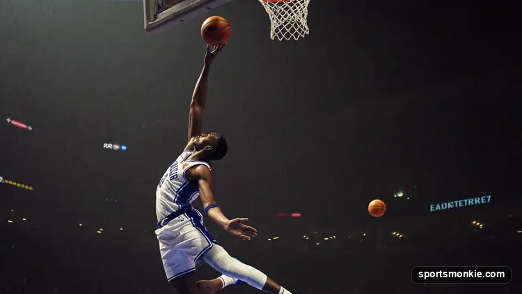 Basketball hoop and backboard viewed from below against arena lights