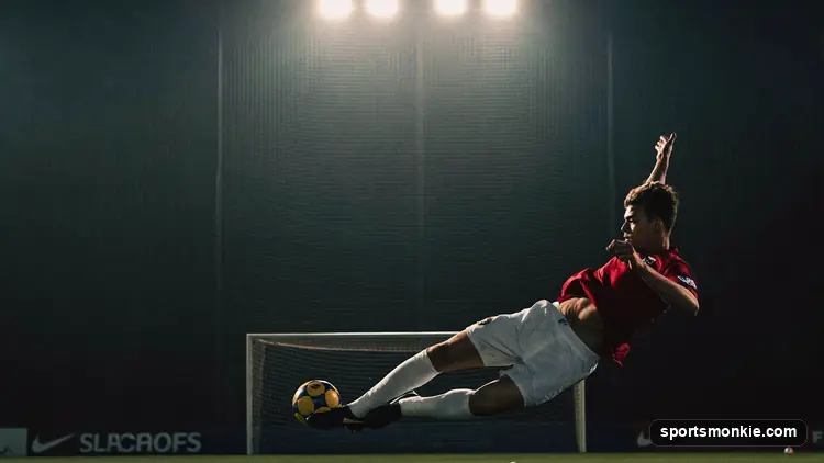 Football in the top corner of a goal net under stadium floodlights