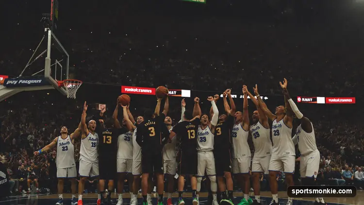 Basketball resting on a hardwood court under arena lights with scoreboard glow