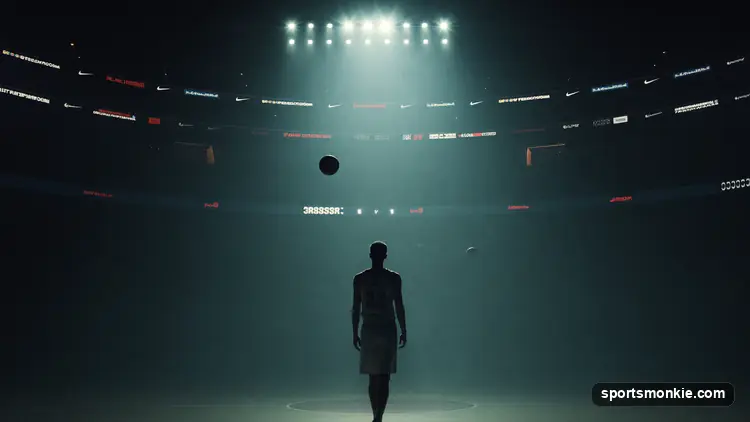 An NBA jersey hanging beside stacks of cash under arena lights