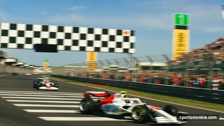 Formula 1 car speeding through a corner with motion blur and grandstands behind