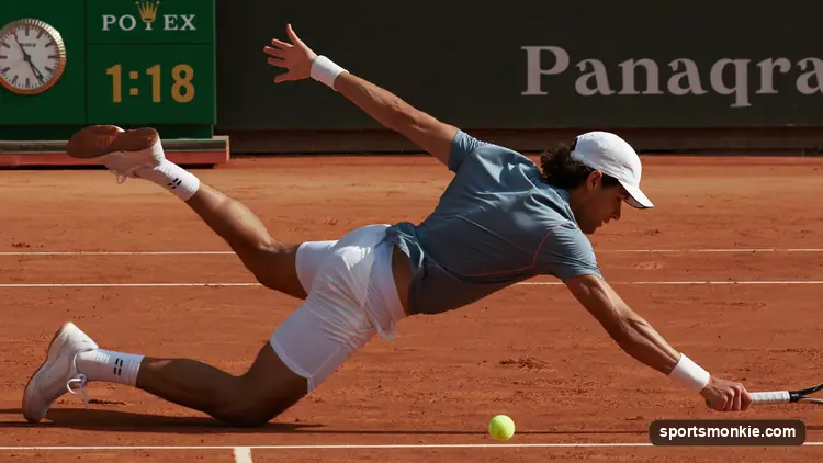 Tennis player on a red clay court holding a trophy with a stadium crowd behind