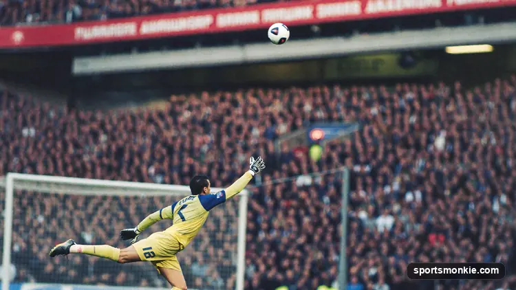 Goalkeeper stepping up to strike a free kick with the goal behind him