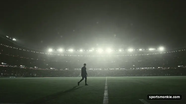 A stadium-side advertising hoarding lit at night with a sports broadcast camera in the foreground