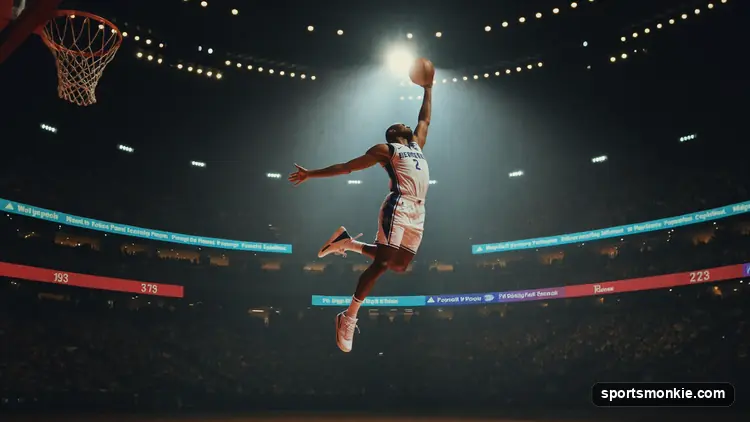 Basketball dropping through a hoop with an arena scoreboard glowing in the background