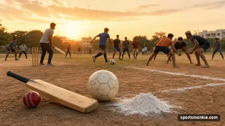 A collage-style scene of cricket, football, and kabaddi equipment, representing India's popular sports