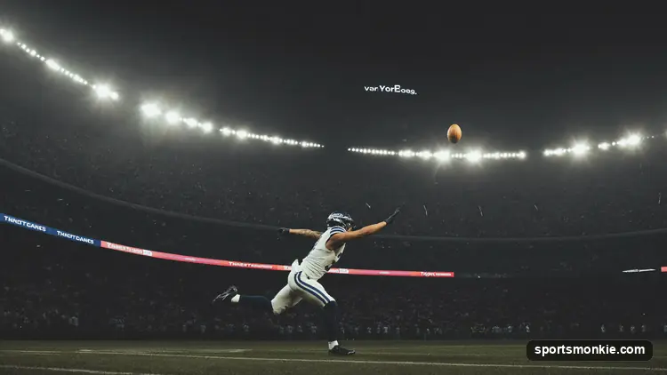 Wide receiver securing a catch near the sideline in an NFL stadium