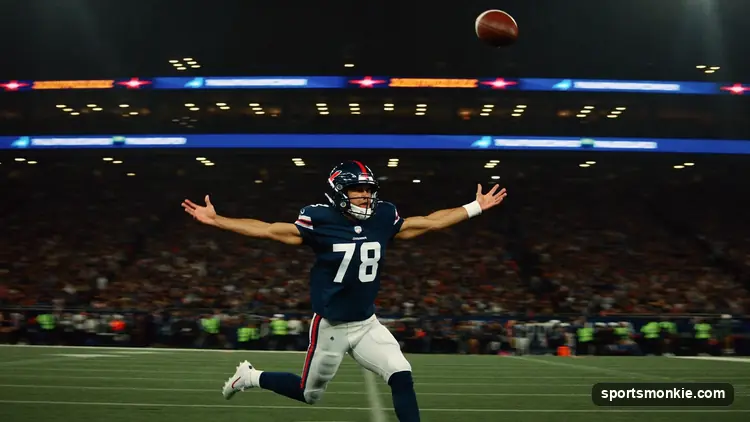American football crossing the goal line for a touchdown under stadium lights
