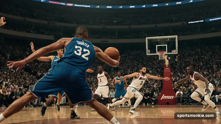 Basketball player driving to the hoop as defenders converge