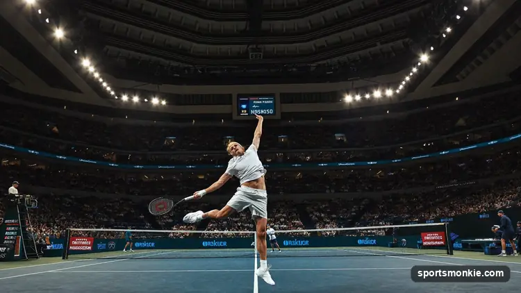 Tennis player holding a world number one trophy on court with a crowd behind