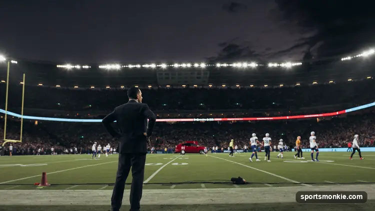 Empty NFL sideline with a headset and coaching chart under stadium lights