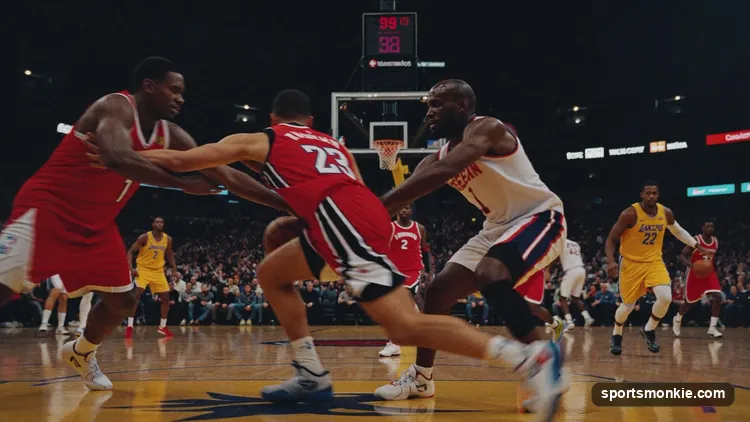 Diagram-style illustration of five basketball players spaced around the perimeter running a motion offense with cutting and screening lines