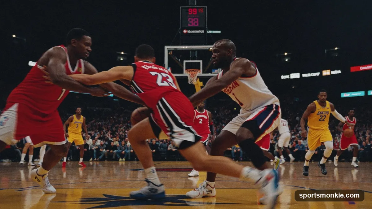 Diagram-style illustration of five basketball players spaced around the perimeter running a motion offense with cutting and screening lines
