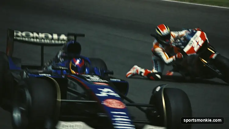 Side-by-side of a MotoGP motorcycle and a Formula 1 car on track