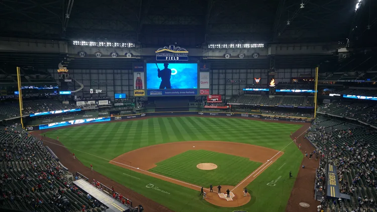 File photo from September 27, 2023: American Family Field in Milwaukee before a Brewers game, the stadium where Murphy spoke at World Series Media Day. It is a 2023 file photo and does not show Media Day or the FaceTime call. The cropped derivative is offered under the same CC BY-SA 4.0 licence as the original.