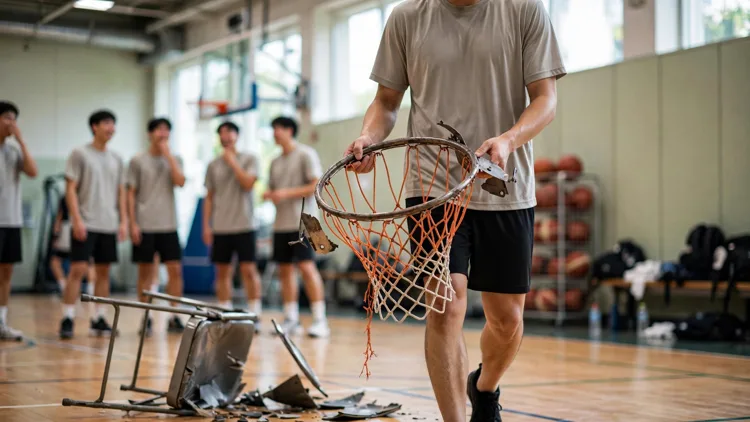 A generic basketball player in a plain practice shirt carrying a detached basketball rim across a practice gym, with a broken folding chair on the floor behind him, editorial graphic