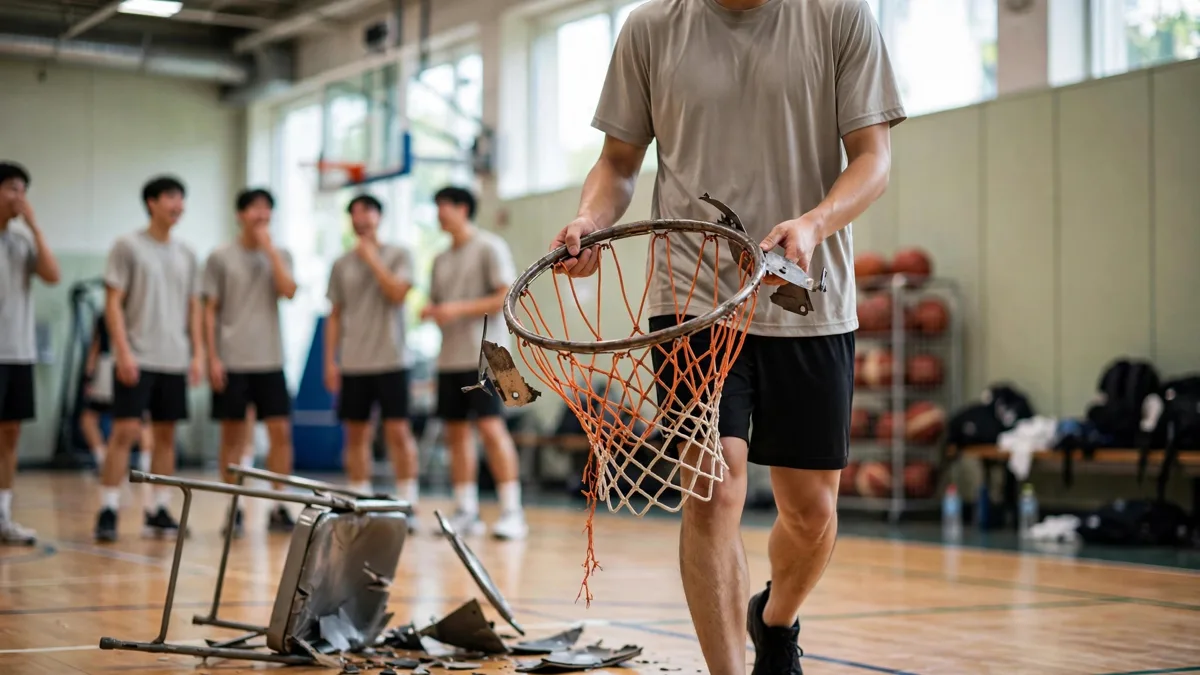 A generic basketball player in a plain practice shirt carrying a detached basketball rim across a practice gym, with a broken folding chair on the floor behind him, editorial graphic
