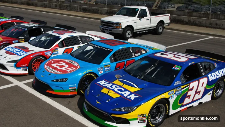 NASCAR Cup cars and a Truck Series vehicle side by side representing the three series