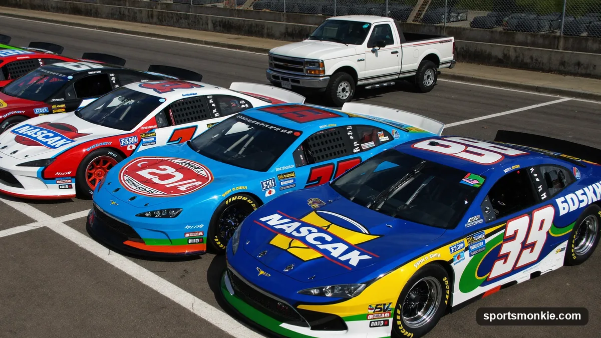 NASCAR Cup cars and a Truck Series vehicle side by side representing the three series