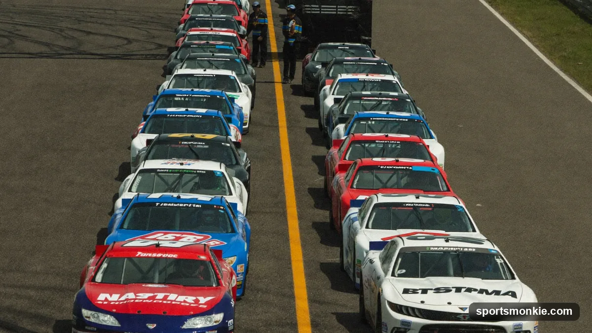NASCAR field bunched behind the pace car during a stage-break caution