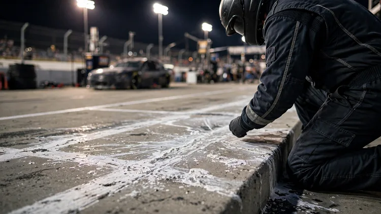 A pit crew member in a generic dark fire suit kneeling to inspect a chalky white film sprayed across the painted lines of a concrete pit stall at night, a stock car blurred behind, editorial graphic