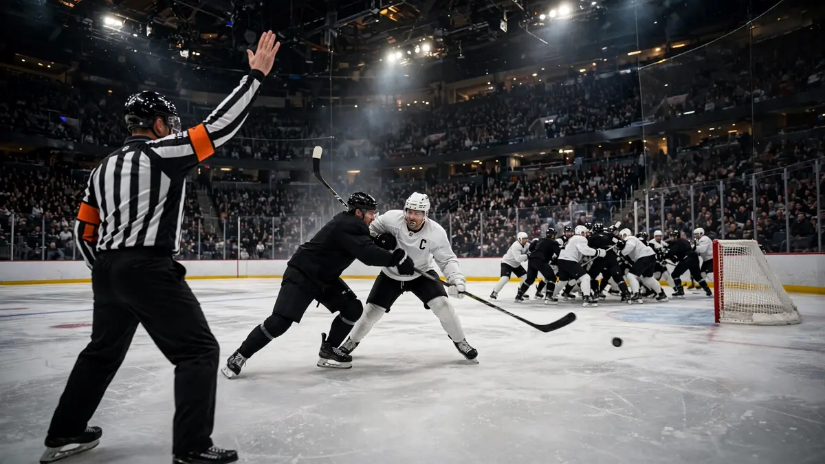 A generic hockey forward in a plain black jersey delivering a high shoulder check beside the boards as a referee raises an arm and players converge, with an empty net at the far end of the ice, editorial graphic