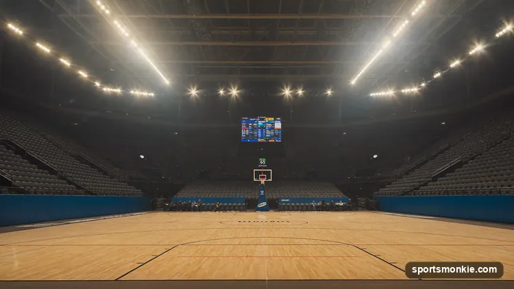 NBA luxury tax explained: an arena scoreboard with rising dollar figures showing a payroll climbing past the tax line