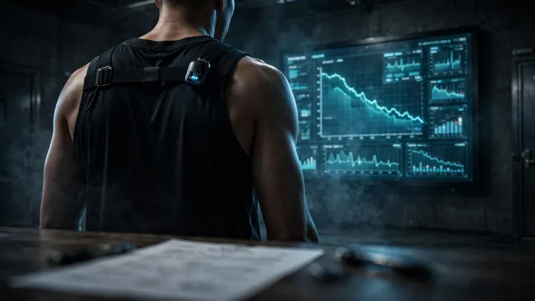 A generic basketball player seen from behind wearing a black sensor strap with a glowing pod, facing a large screen showing a declining speed graph and a blurred contract on a table, editorial graphic