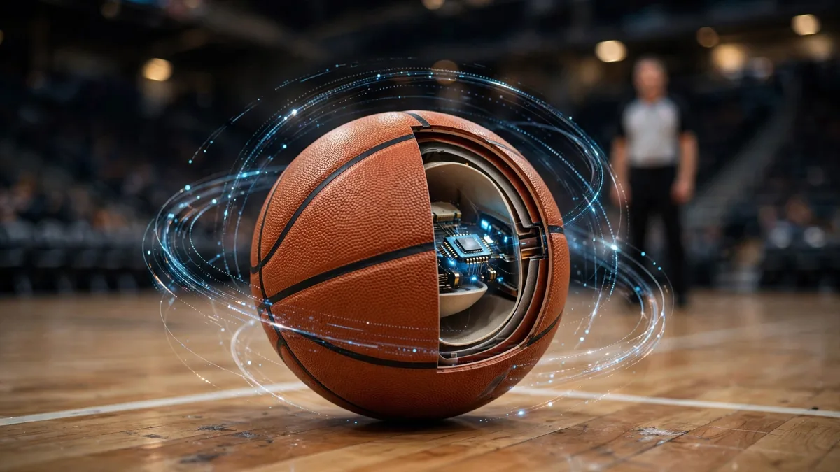 A professional basketball on a hardwood court shown in cutaway with a small glowing microchip and circuit board inside it, digital spin-tracking arcs curving around the ball and a blurred generic referee in the background, editorial graphic